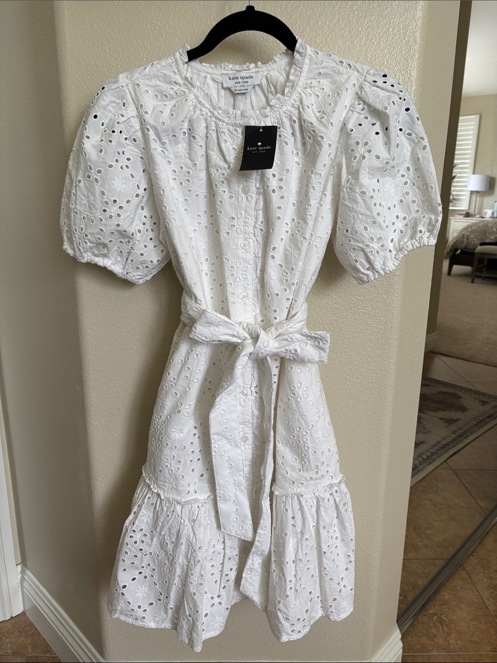 NWT Kate Spade White Eyelet Tie-Waist Puff Sleeve Mini Dress